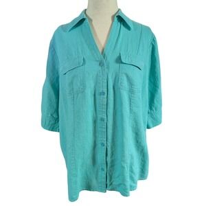 Button Down Women L Turquoise Linen Blend Roll Tab Sleeve Casual